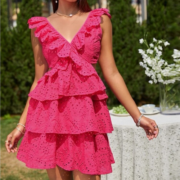 Pink / fuchsia Ruffle Trim Cut Out Eyelet Embroidery mini Dress tiered - Picture 2 of 8